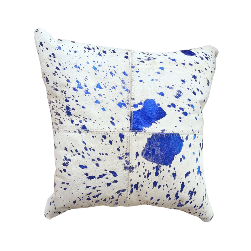 Leather hair on cushion cover white with blue foil
