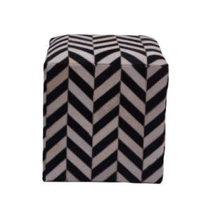 Leather Pouf- Black White Hair-On Arrow Design With Wooden Frame